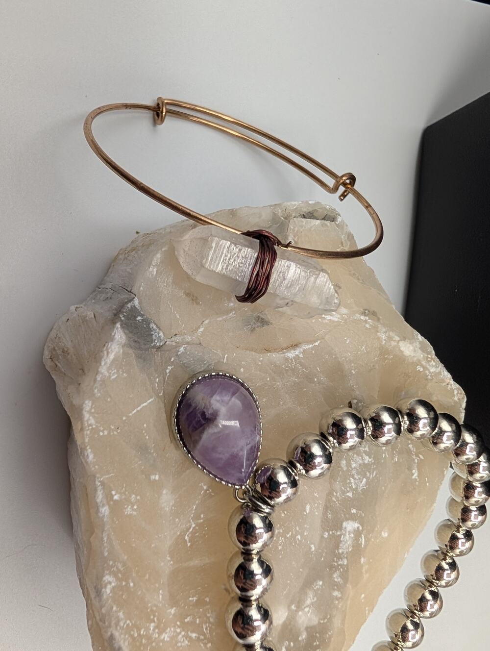 Natural Quartz Crystal Bangle Bracelet & Amethyst Charm Bracelet Set Artisan